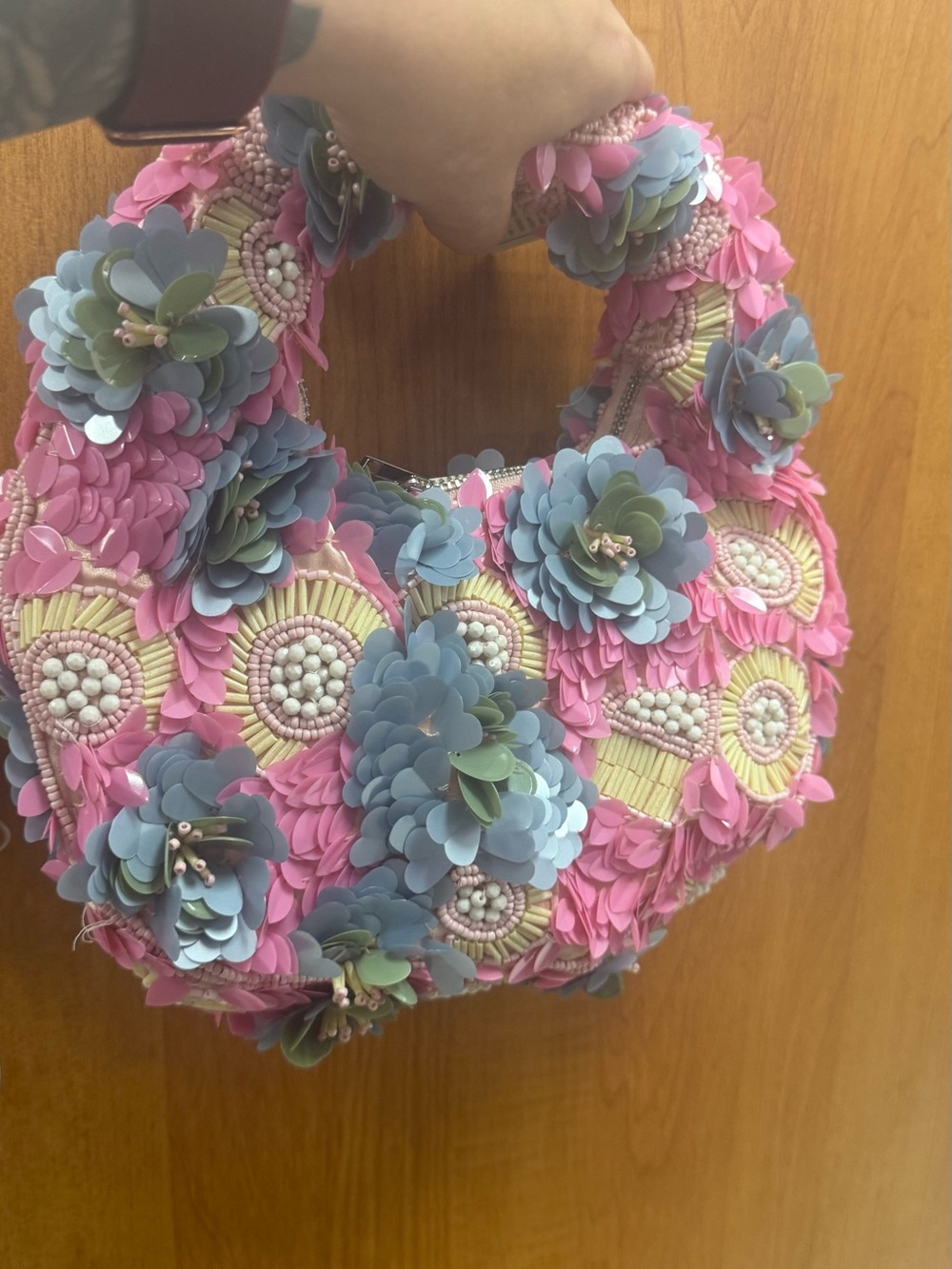Floral Beaded Pink & Blue Shoulder Bag